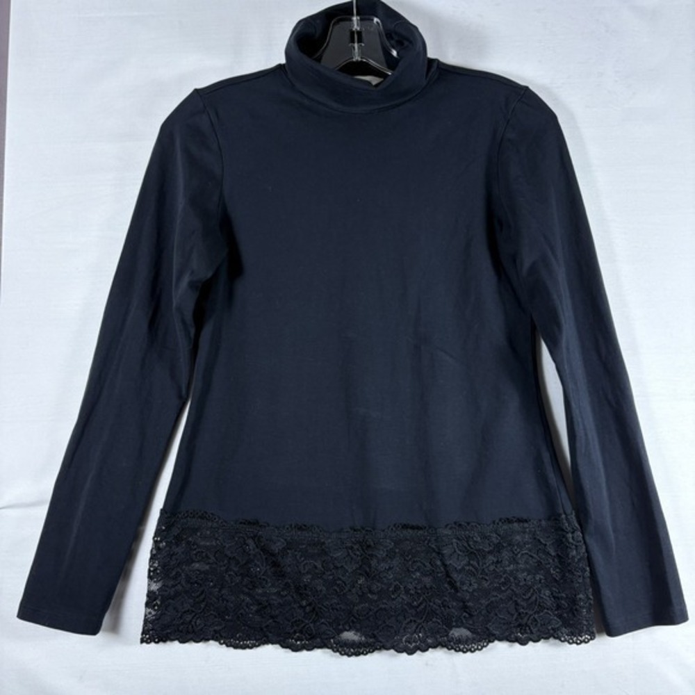 Sundance Womens Black Turtleneck Long Sleeve Lace Hem Stretch Casual PXS